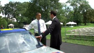 President Barack Obama checks out NASCAR Sprint Cup Series champion Jimmie Johnson's ride