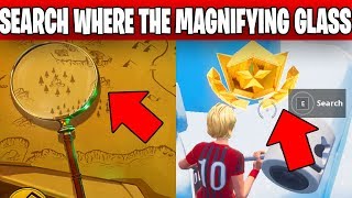 Search where the magnifying glass sits on the Treasure Map loading screen location fortnite guide