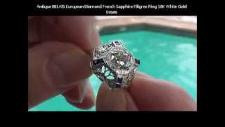 Antique BELAIS European Diamond French Sapphire Filigree Ring 18K White Gold Estate