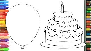 Pagina di colorazione palloncino e torta di compleanno | Come disegnare e colora per i bambini