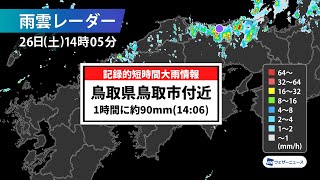 鳥取市で1時間に約90mmの猛烈な雨　記録的短時間大雨情報