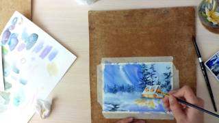 Картина акварелью Новогодний домик. Speed painting