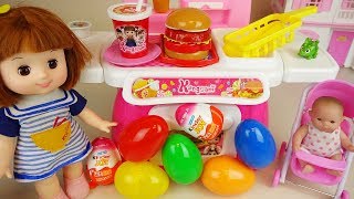 Baby doll Hamburger kitchen and Surprise eggs Kinder joy toys play