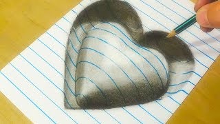 How to Draw 3D Heart  - Drawing 3D heart with Charcoal - Art on Line Paper