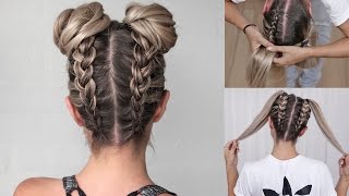 Space Buns - Double Bun - Upside down Dutch Braid into Messy Buns - DIY tutorial!