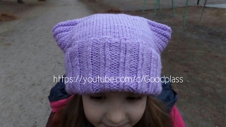 Шапка-кошка. Вязание спицами. Вязаная шапка с ушками. Knitting(Hobby)