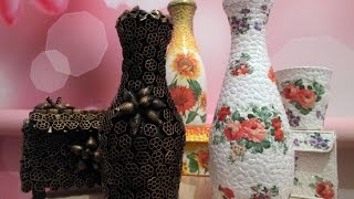 Декор бутылок яичной скорлупой и макаронами. Декупаж. Картонные шкатулки своими руками