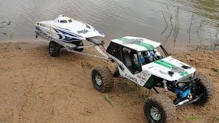 RC scale Axial Wraith Pulling and Launch RC Boat WildCat on lake - ECBROCK RC