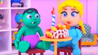 BABY HULK BIRTHDAY ❤ Spiderman, Hulk & Frozen Elsa Play Doh Cartoons For Kids