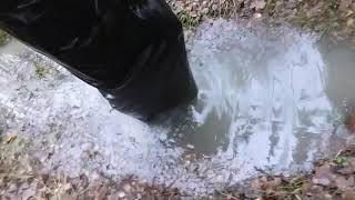 42. REUPLOAD: Supertight, impractical Hobble dress + Hunter Lonny rubber boots in wet forest