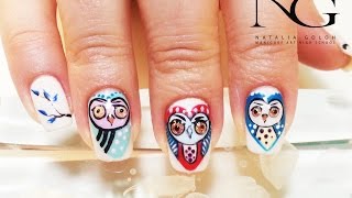 Дизайн гель-лаками на коротких ногтях "Совушки-сердечки" к дню Св. Валентина