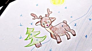 Как рисовать зиму, Рождество и олененок для детей How to Draw winter, Christmas deer for children