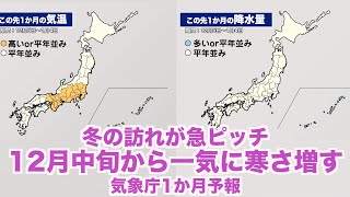 冬の訪れが急ピッチ。12月中旬から一気に寒さ増す(気象庁1か月予報)
