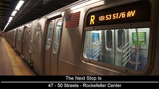 ᴴᴰ R160 - R train via V and B line announcements (via 53 St / 6 Ave) (Bay Ridge bound)