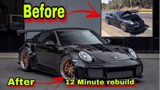 REBUILDING A SALVAGE PORSCHE TURBO S X GT2RS IN 12 MINUTES INCREDIBLE CAR BUILD TRANSFORMATION