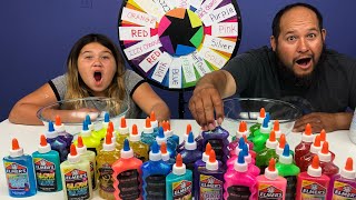 3 COLORS OF GLUE SLIME CHALLENGE CHALLENGE MYSTERY WHEEL OF SLIME EDITION WITH MY DAD
