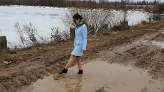 High heels boots in mud and puddles, high heels stuck in mud, high heels abused (scene 183)