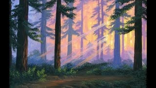 Как рисовать лес 1 на закате с акрилом на холсте