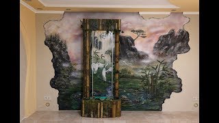 Роспись стен по рельефу и декоративный водопад по стеклу