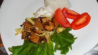Кальмары с грибами и луком, готовим кальмары, блюдо из кальмаров