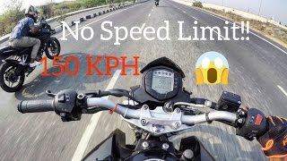 ktm duke 200 top speed india 150 kph. no speed limit. pulsar rs 200 duke 200 flyby