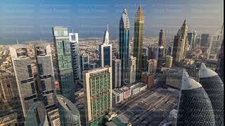 Skyline view of the buildings of Sheikh Zayed Road and DIFC aerial timelapse in Dubai, UAE.