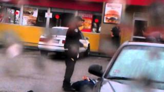 *ORIGINAL FOOTAGE* Suspect with Crowbar Shot Outside Carls Jr Monterey Park