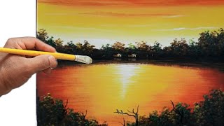 Pintura em tela Por do Sol Paisagem Como Pintar com tinta Acrílica Para iniciantes # 8