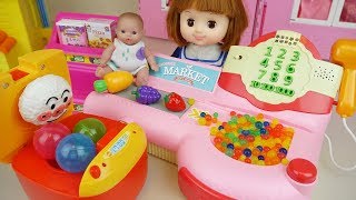 Baby doll Cooker surprise eggs and food mart register toys play