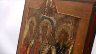 Старинная народная икона православные святители Григорий, Василий, Иоанн. Россия, XIX век.