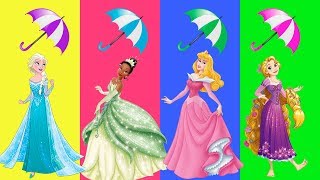 Rainy Day Learn Colors with Umbrella Disney Princess Frozen Elsa Rapunzel Tiana Ariel Finger Family