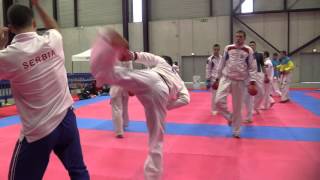 SERBIA Team Kumite warming up before bronze medal match. 2016 European Karate Championships