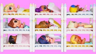 LOL Surprise Dolls Bunk Beds Sleepover Routine with Unicorn Family Dream House