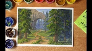 Пишем лесной пейзаж гуашью.draw forest landscape gouache.