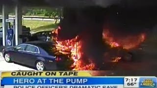 Hero Cop Saves Driver Gas Station Crash Fireball Explosion Heroic Rescue Caught on Tape