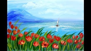 Как нарисовать цветы на берегу моря.Рисуем Море и тюльпаны.Кораблик.