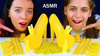 ASMR YELLOW FOOD JELLY CUPS, EDIBLE SHOES, TWIZZLERS, WAX STICKS, WAX BOTTLES EATING MUKBANG