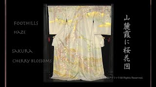 Bella autentico kimono che rappresenta fiori di ciliegio su la giornata nebbiosa