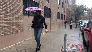 103019 Crossdresser Walks With 6" Platform Booties and Tight Maxi Jean Skirt Through The City