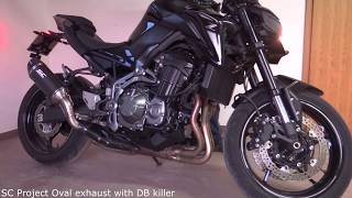 Kawasaki Z900 stock exhaust vs. SC Project Oval vs. Akrapovič Slip-on line