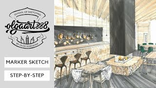 ?INTERIOR SKETCH STEP-BY-STEP: how to draw restaurant with markers