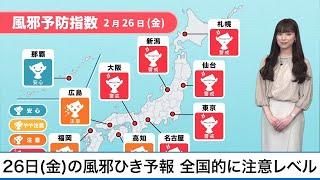 2月26日(金)の風邪ひき予報 全国的に注意レベル