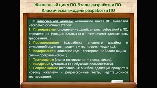 Видео 22.  Жизненный цикл ПО.  Этапы разработки ПО.  Классическая модель разработки ПО