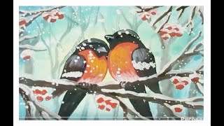 Как нарисовать снегиря на ветке рябины. Как нарисовать зимний пейзаж гуашью