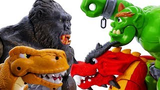 Power Rangers & Marvel Avengers Toys Pretend Play | KING KONG & T-REX vs GIANT & DRAGON