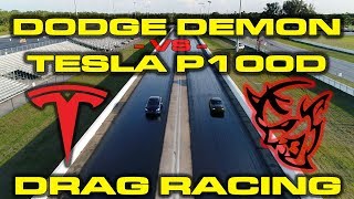 840HP Dodge Demon 1/4 Mile with Race ECU vs Tesla Model S P100D Drag Racing