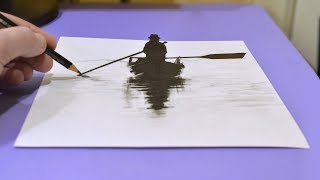 Не сложный 3D рисунок Как нарисовать рыбака на лодке