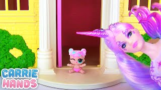 Unicorn Family Moves into Barbie Dream House with Custom LOL Surprise Dolls