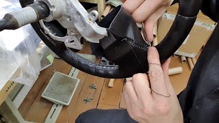 Перетяжка руля Mitsubishi Lancer X по готовым лекалам.