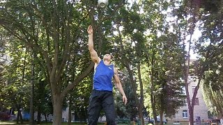 Жонглирование гирей.Бросок(вертолет) 5 оборотов.